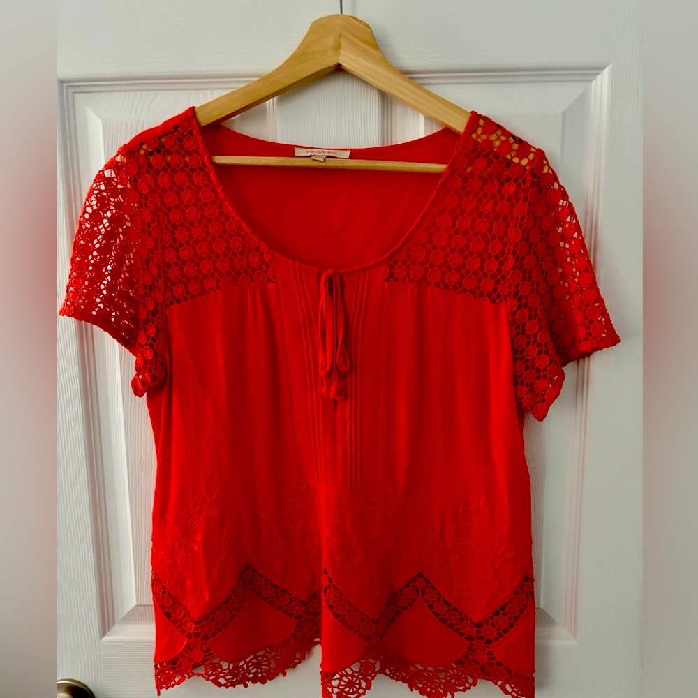 Skies Are Blue Orange Lace Detail Cropped Blouse